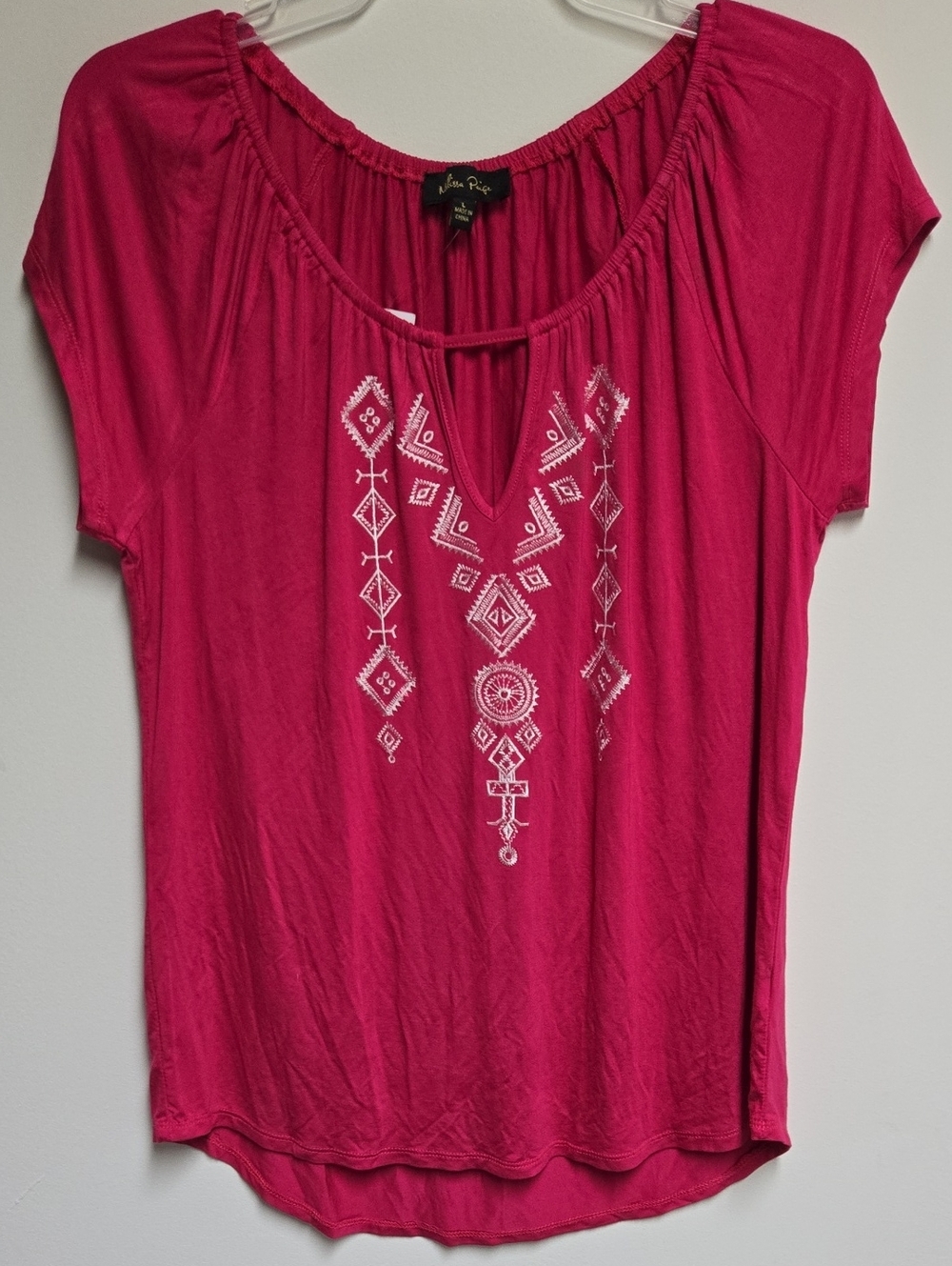 Melissa Paige Fuchsia Short Sleeve Embroidered Scoop Neck Top